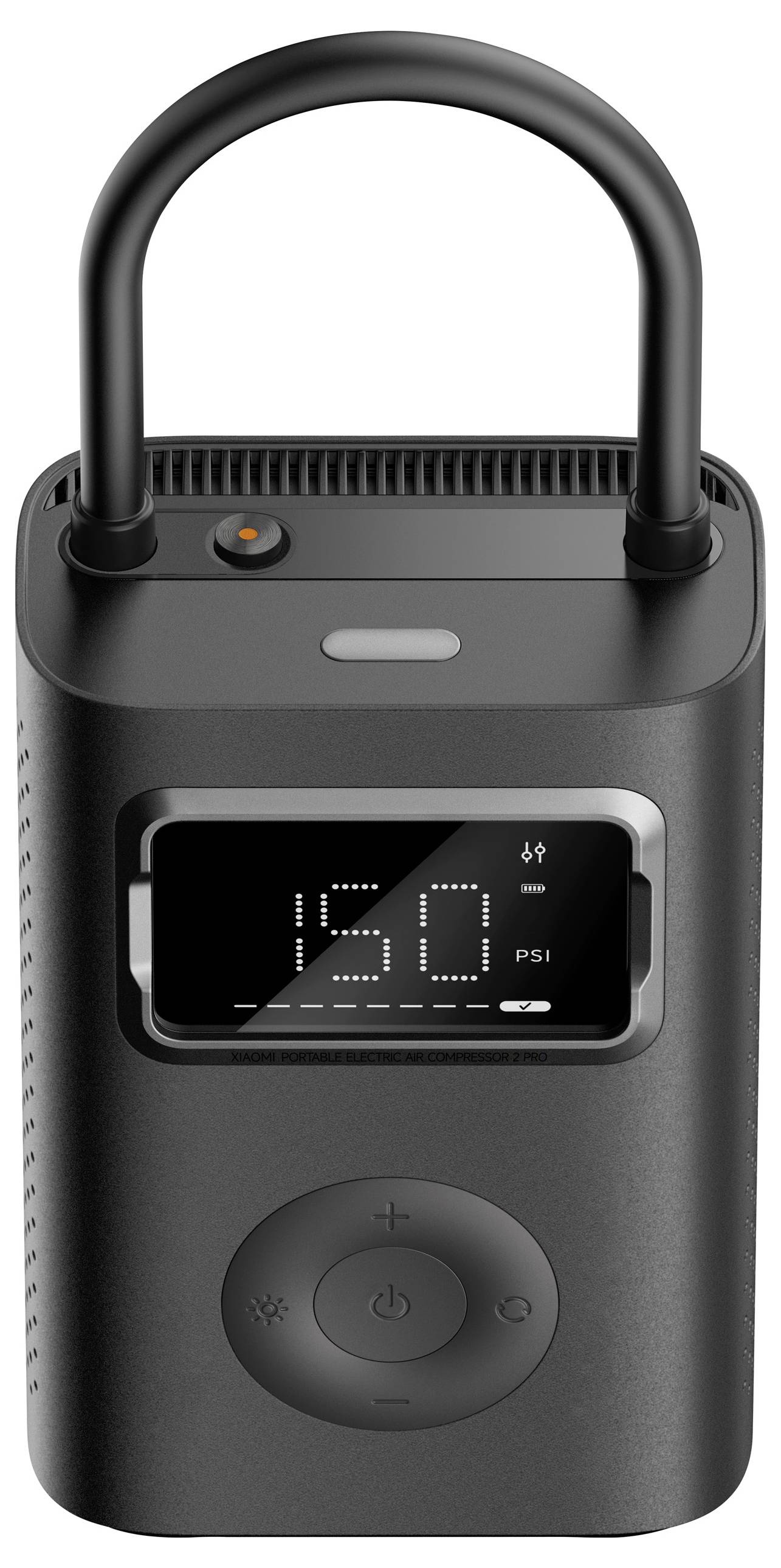 Black portable air pump with digital display, showing '160 PSI'. Control buttons at the bottom, carrying handle at the top.