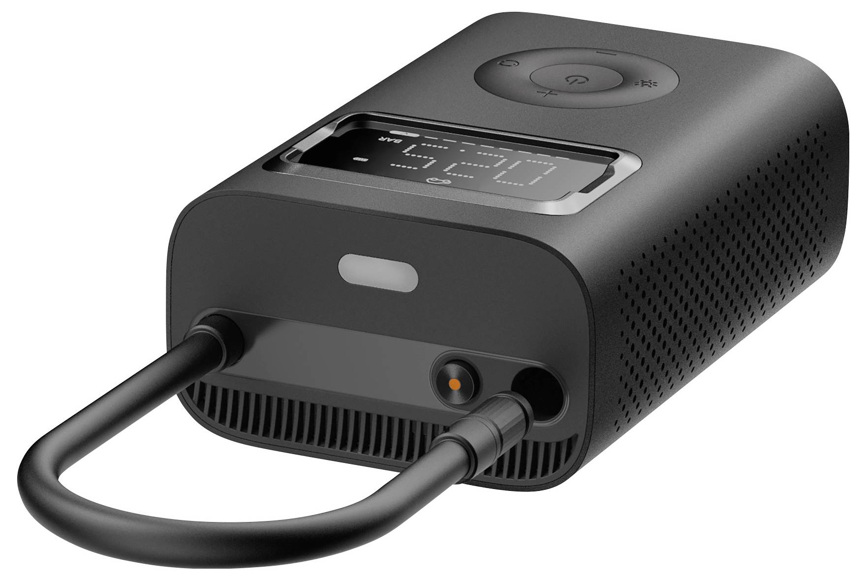 Portable electric air pump in black with a digital display and control buttons. Display shows air pressure in PSI.