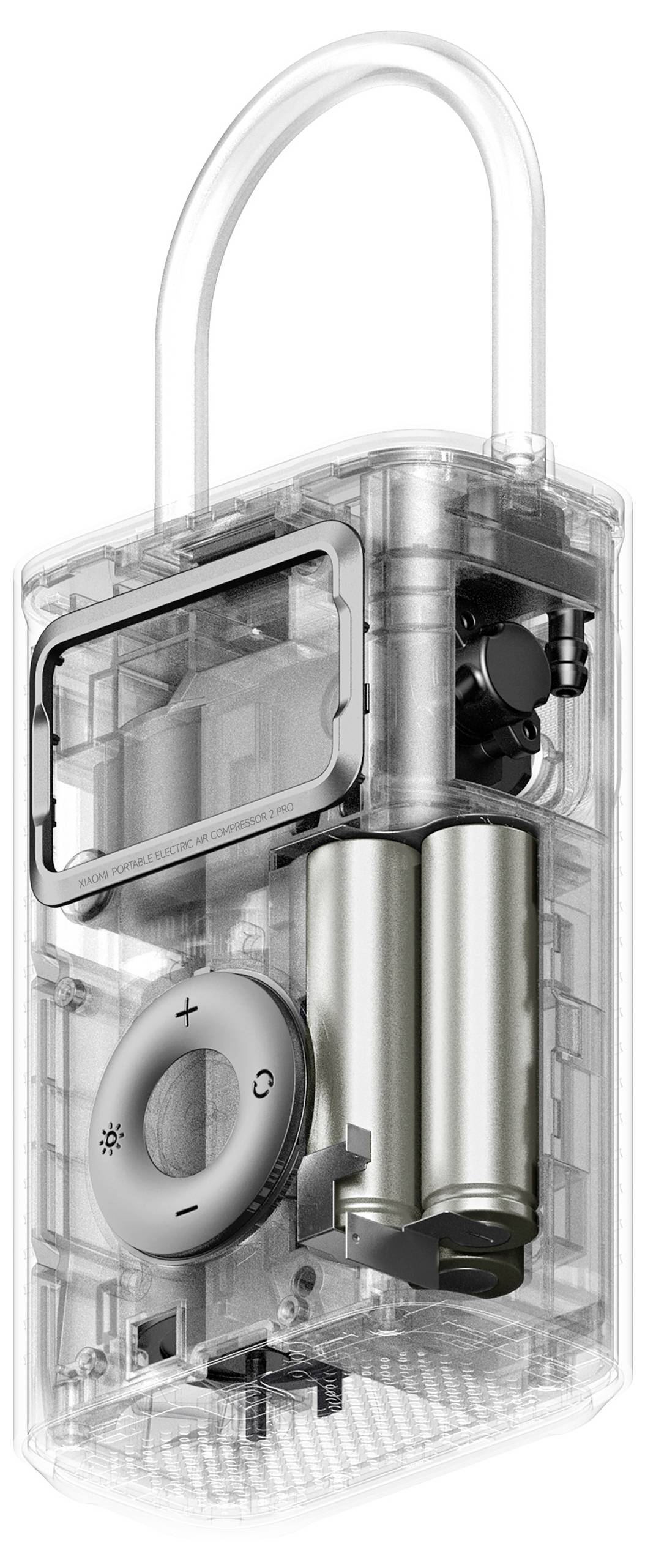 Transparent closing mechanism reveals inner components, including gears and batteries.