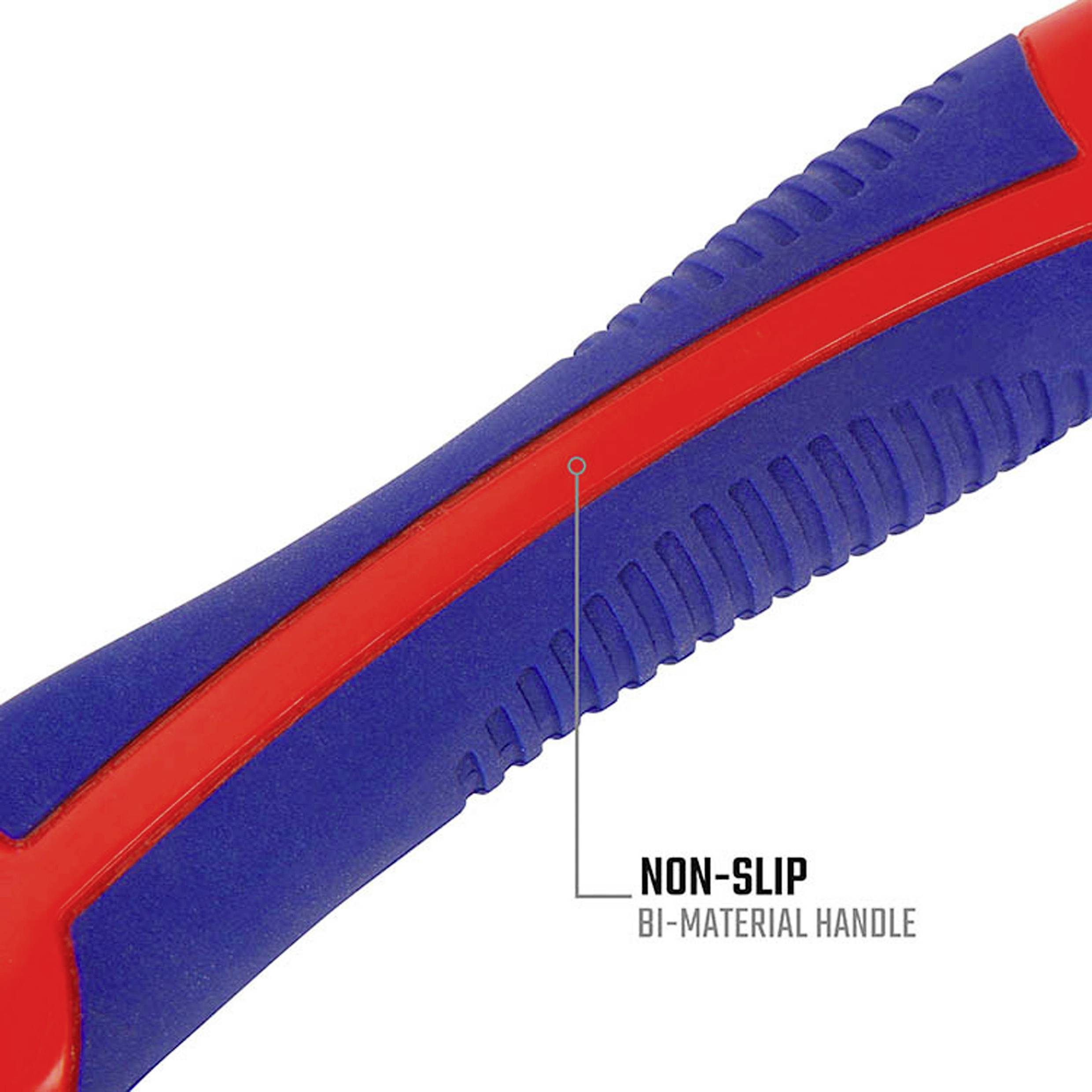 Close-up of a tool handle labeled 'Non-slip bi-material handle', featuring blue and red textured grips for enhanced usability.