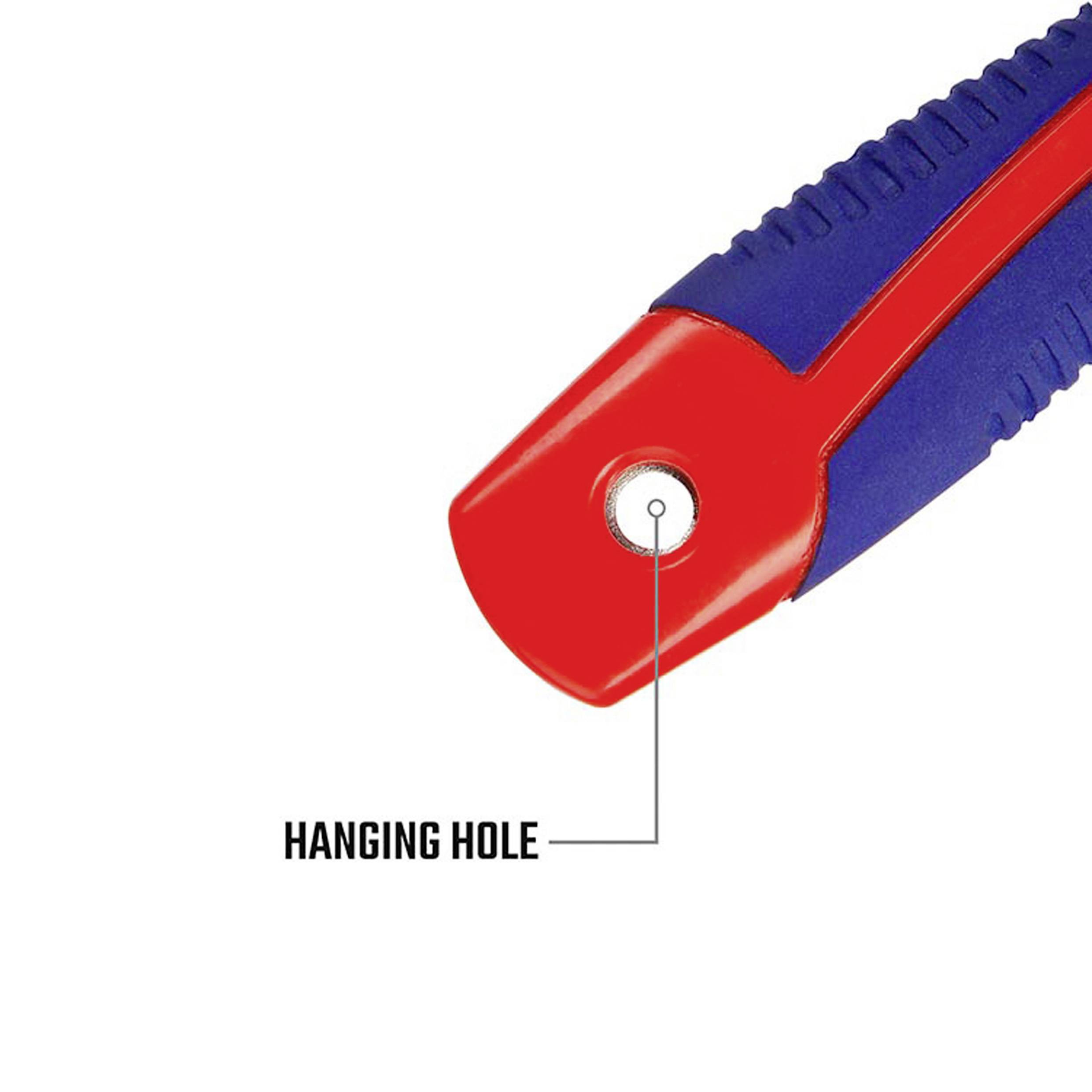 A blue and red cutting tool with a highlighted 'hanging hole' for storage.