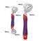 Two adjustable wrenches with red and blue handles, one small with size range Min 6mm-Max 15mm, one large with range Min 23mm-Max 32mm.