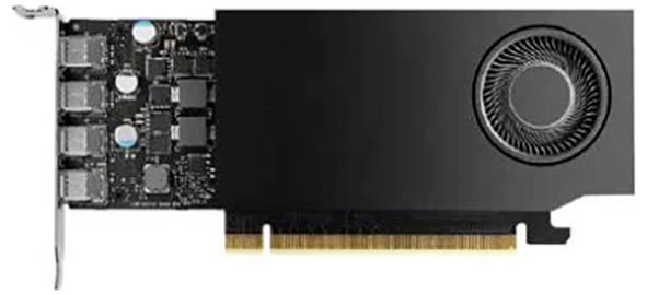 Black graphics card with fan; interfaces visible on the left side. Device for computer performance and graphics rendering.