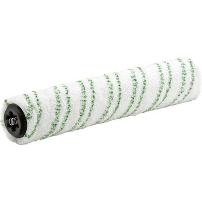 A white paint roller with green stripes, used for evenly applying paint to surfaces.