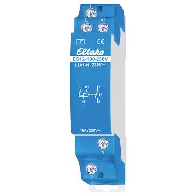 Blue Eltako Relay ES12-100-230V, suitable for 230V with circuit diagram and CE mark. Upper section shows terminals A1, A2.