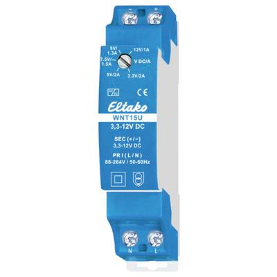 Blue DIN rail power supply by Eltako, model WNT15U, with output voltage of 3.3-12V DC, 88-264V AC input, 50/60Hz.