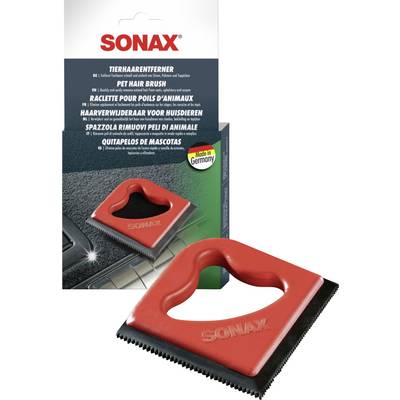 'SONAX Pet Hair Remover' packaging with a red removal tool, suitable for removing pet hair from textiles. Made in Germany.