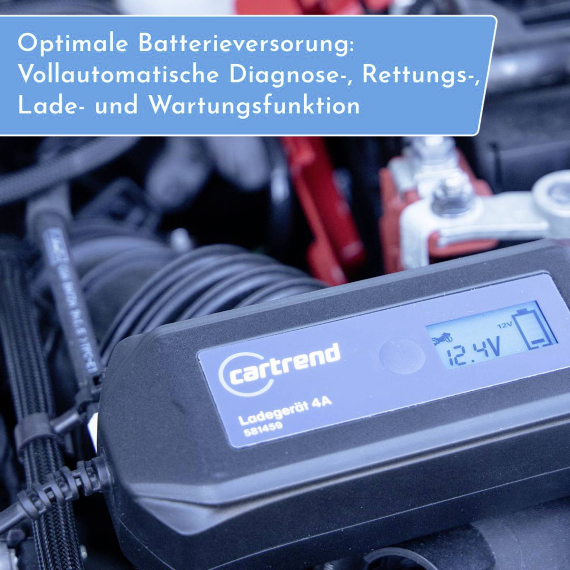 A battery charger displays 12.4V. The text explains functions: diagnostic, rescue, charging and maintenance modes for optimal performance.