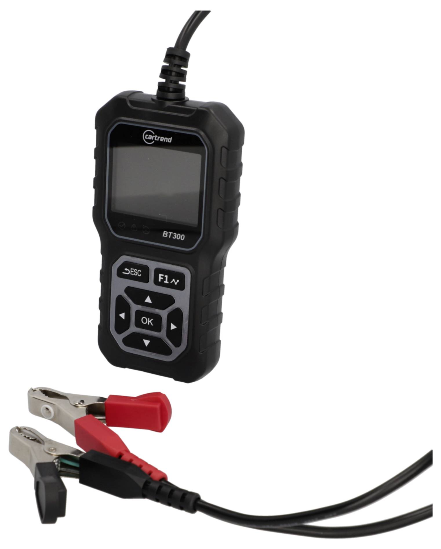 A portable, digital car battery tester with display, keypad and two clips, red and black, for measuring battery performance.