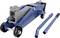 A blue car jack with two handle bars, ready to lift a vehicle. It has sturdy wheels and a metal construction.