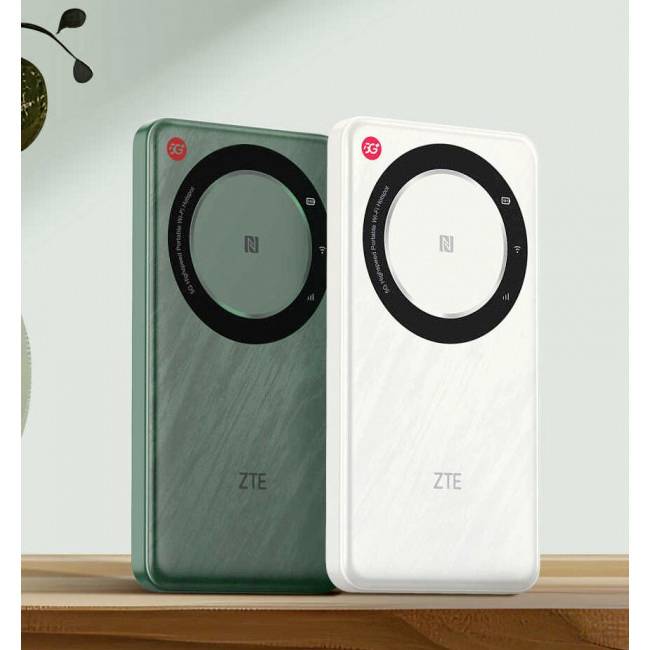 Two smartphones on a table, one green and one white, both with a distinctive camera element and 5G logo.