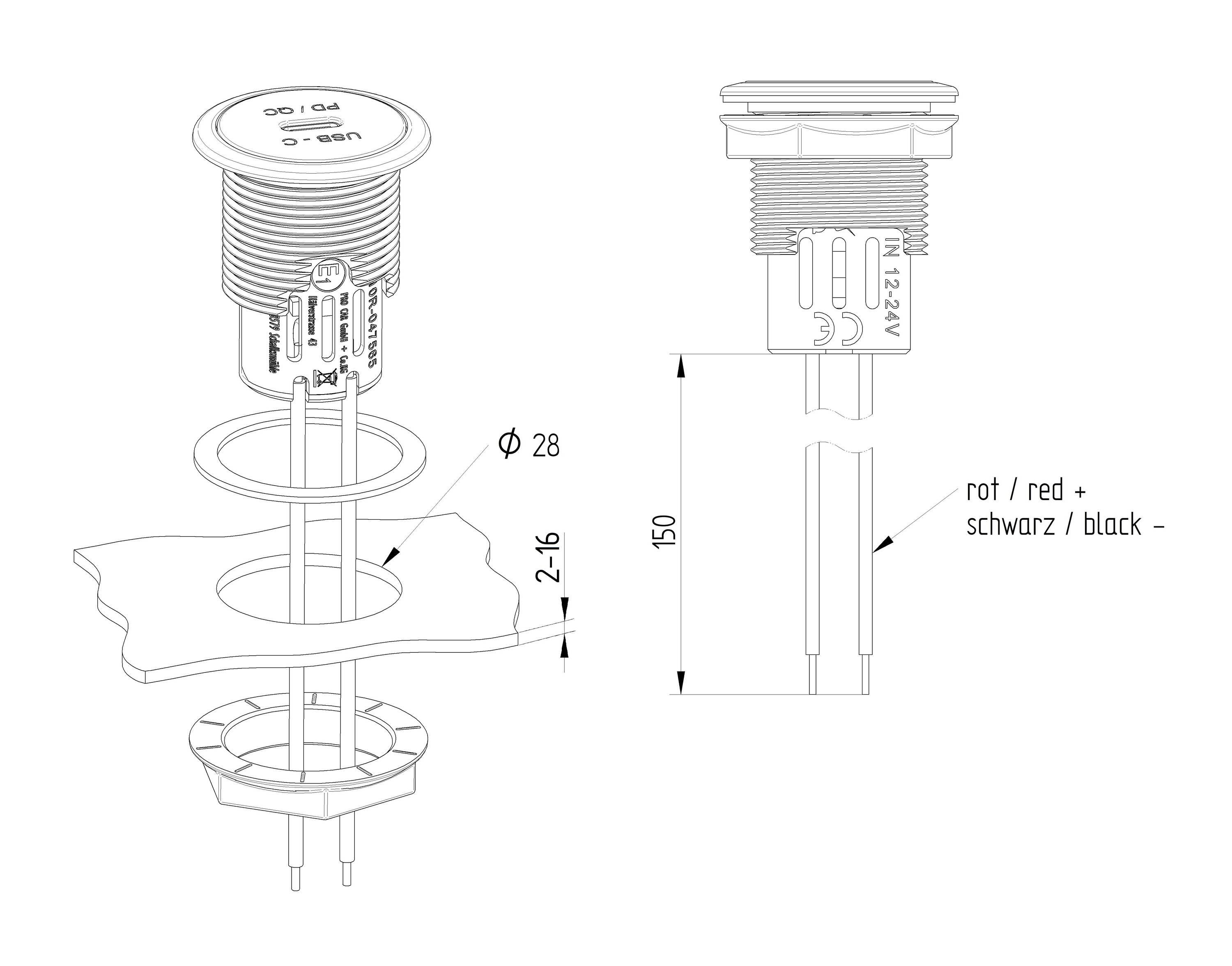 Technical drawing of a circular switch with installation instructions and cable connections in Red (Positive) and Black (Negative), height 150 mm.