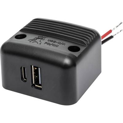 Black USB charger with a USB-C and a USB-A port, two exposed cables to the power source.