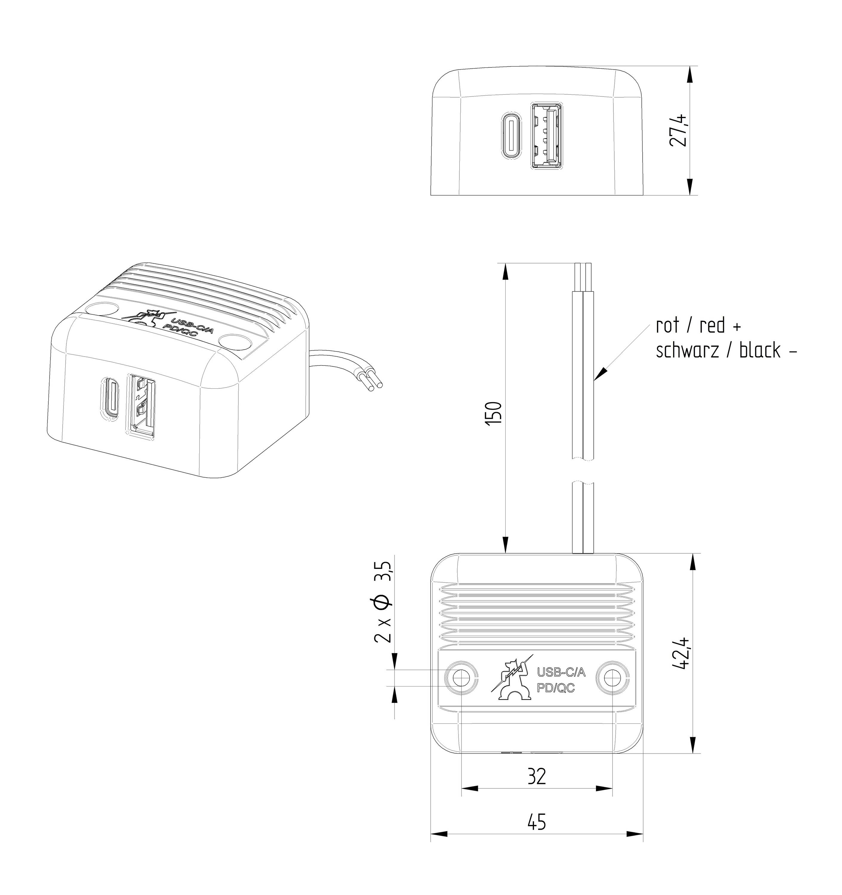 Technical Drawing of a USB Charger with Dimensions: Height 27.4 mm, Width 45 mm, Depth 42.4 mm. Contains cables marked in red and black.