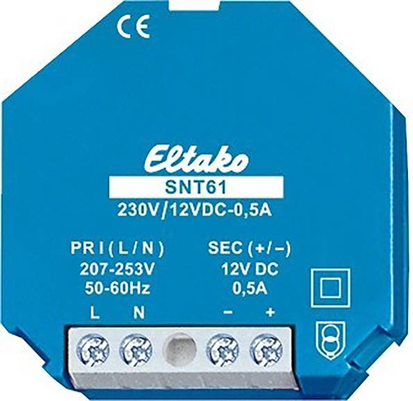 Blue device with the inscription 'Eltako SNT61'. It has inputs for electrical wiring, specified for 230V/12VDC-0.5A.