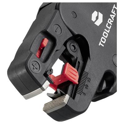 A close-up of a black and red wire stripper tool with adjustment features, displaying controls for cutting and stripping wires of various sizes.