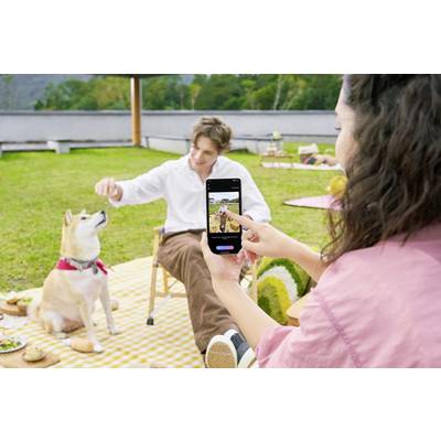A woman is taking a photo of a man giving treats to a sitting dog. Everyone is sitting on a picnic blanket outdoors.