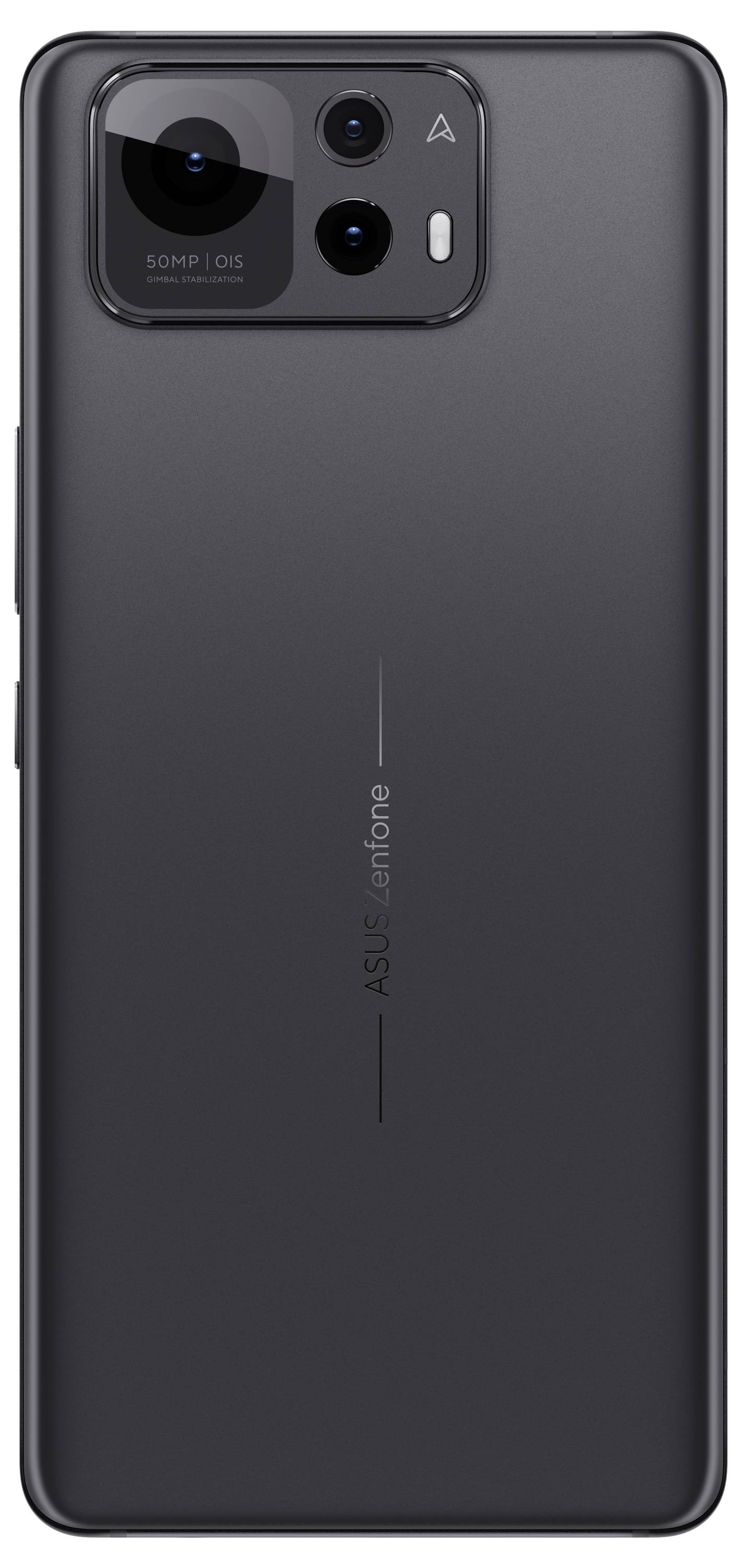 A black smartphone from behind, showing the camera with three lenses in the top left as well as the brand logo in the center of the back.