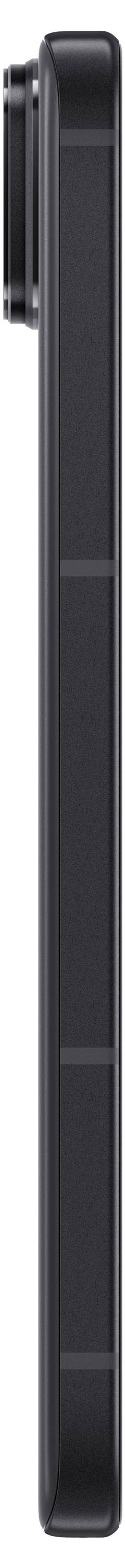 Sleek, black smartphone in side profile with rounded edges and protruding camera.