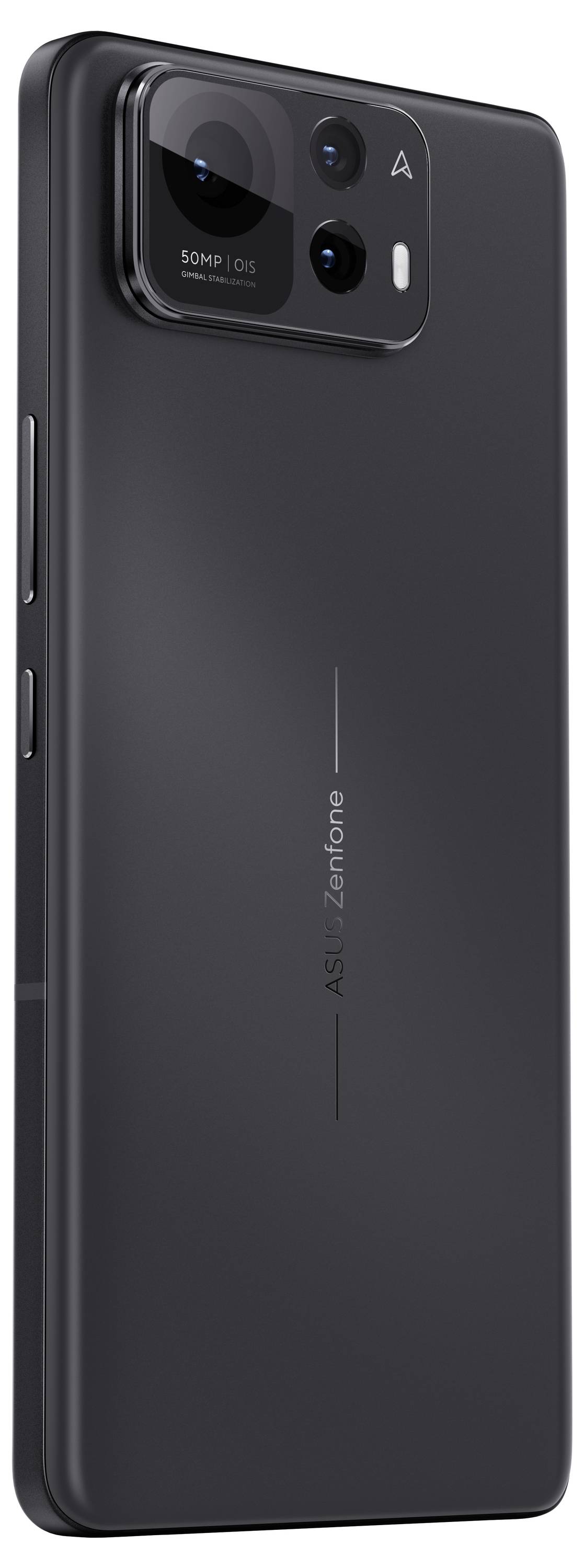 Smartphone with a black casing, three camera lenses and flash on the back, with the inscription '50MP' above. Sleek, elegant design.
