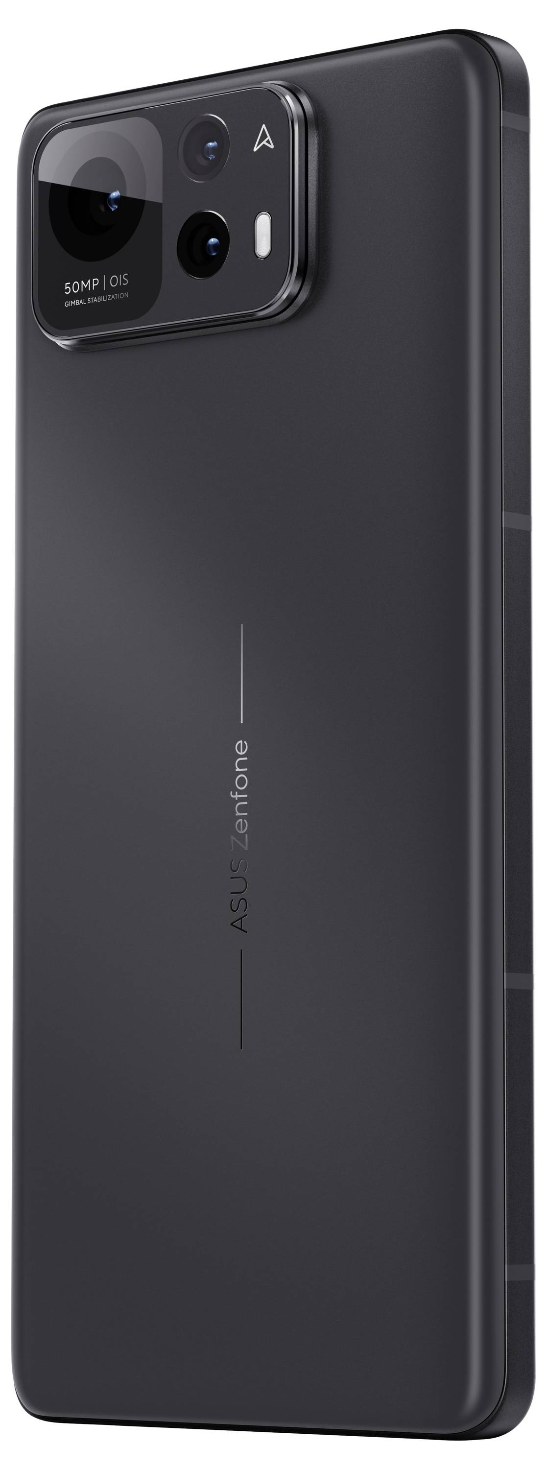 A modern smartphone in a dark, matte design. It displays a rear camera with three lenses and a sleek back.