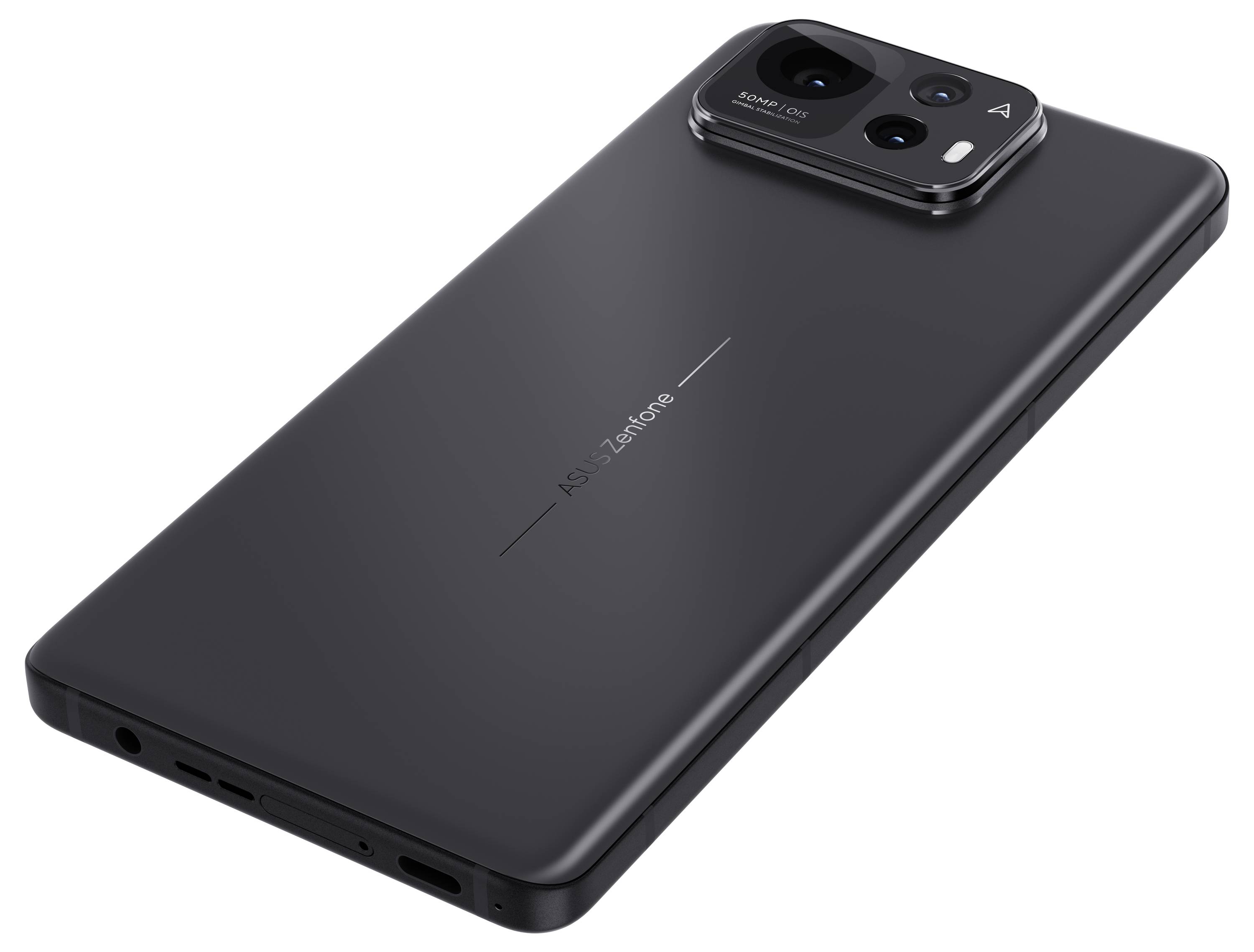 A smartphone in black with a camera module in the top corner of the back, showing a simple and modern design.