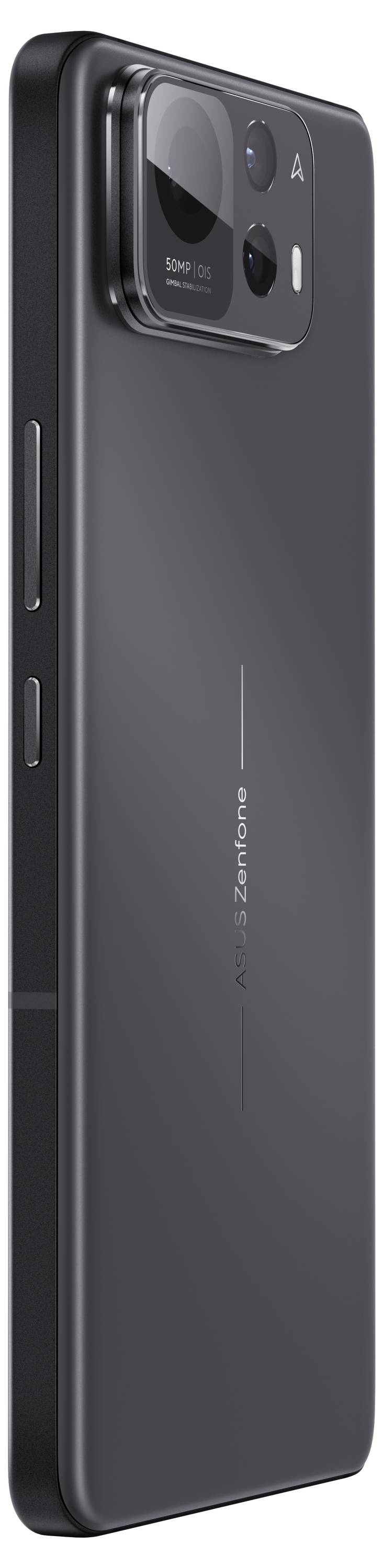 Smartphone in matte grey with a distinctive camera module positioned in the top left corner. Side view showing buttons along the edge.