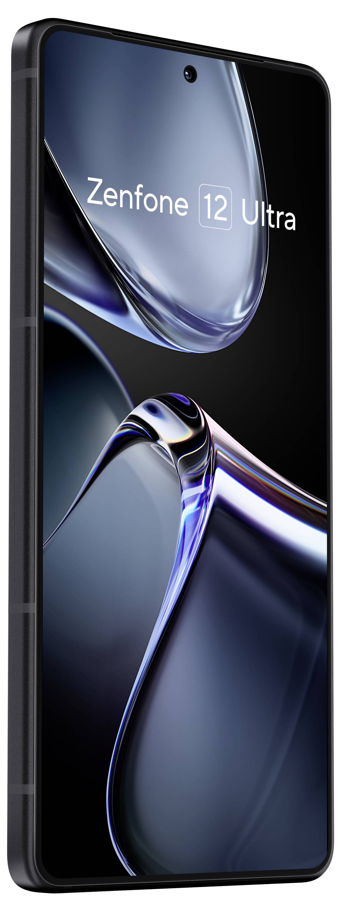 Smartphone viewed from the side with a large display, showing the inscription 'Zenfone 12 Ultra'. Modern, elegant design.