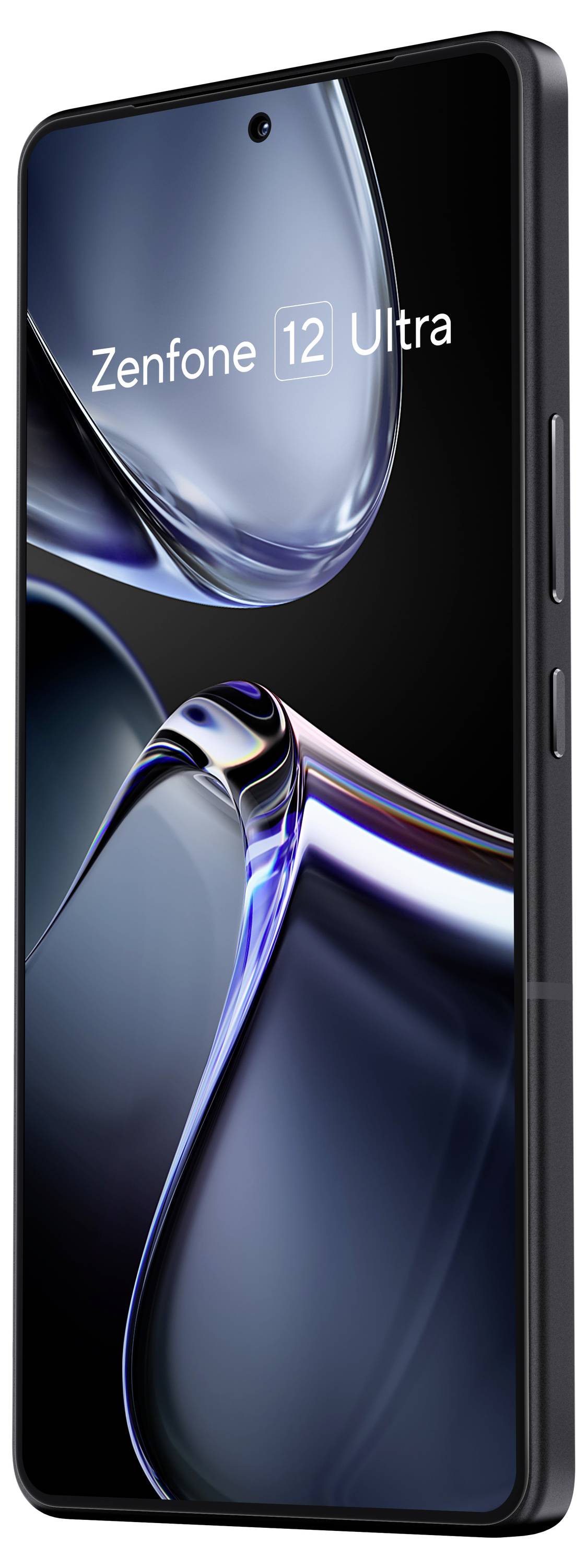 Smartphone positioned sideways with display switched on, showing 'Zenfone 12 Ultra'. Housing in a dark shade, two buttons visible on the side.