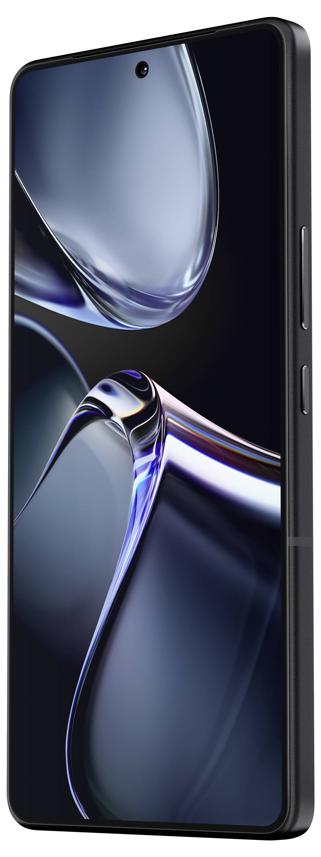 Smartphone with a glossy screen, side view, showing design with two side buttons.