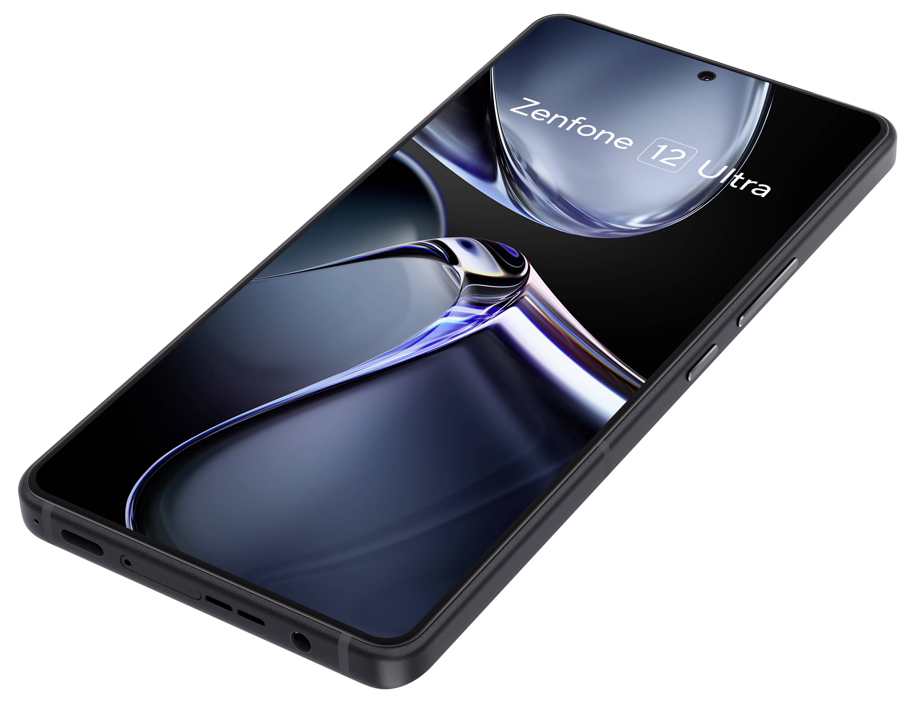 Black metal smartphone with a large display, slim bezels, and a front camera notch in the upper screen area.