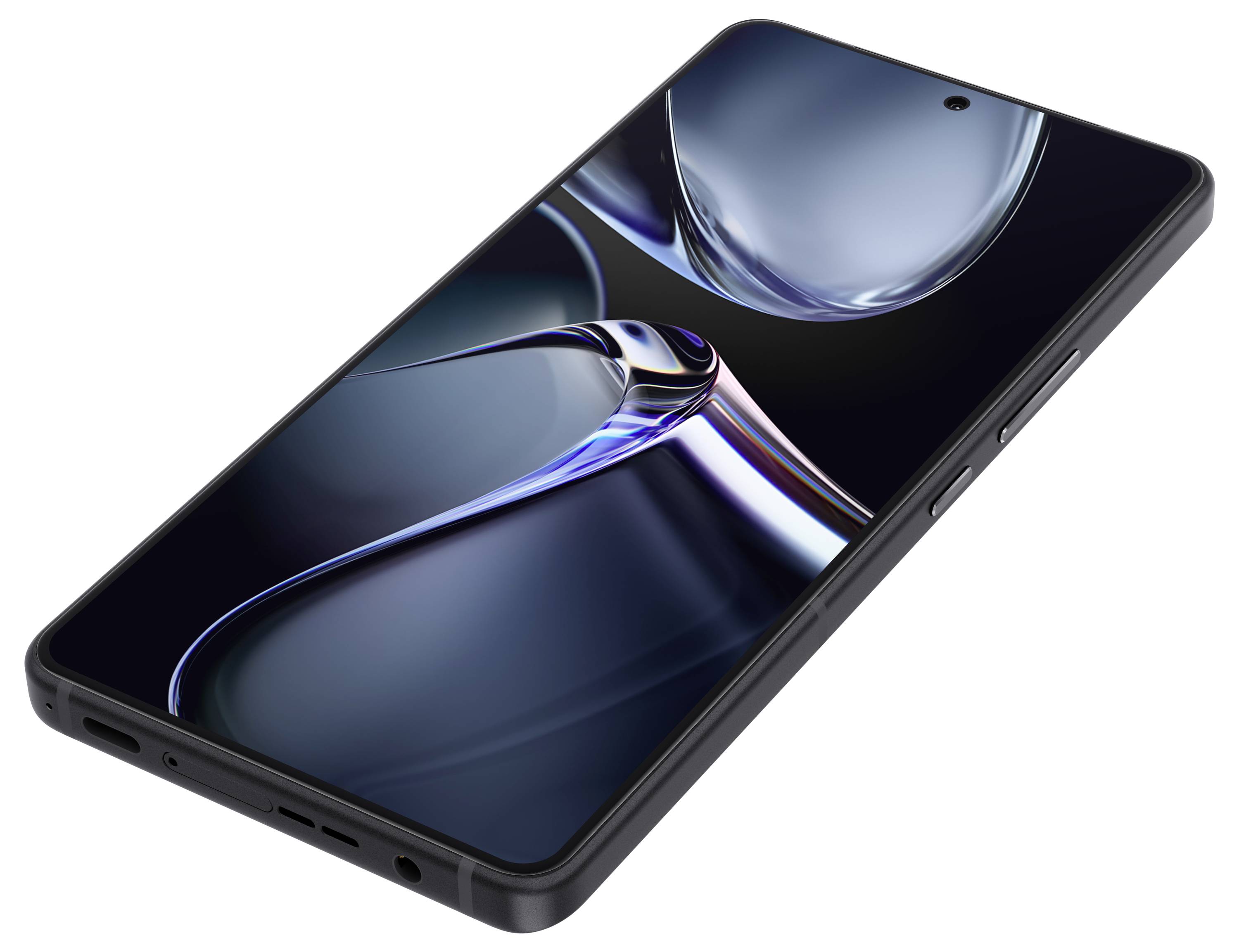Smartphone with a black casing, large screen, front camera in a punch-hole at the top centre, sleek design.