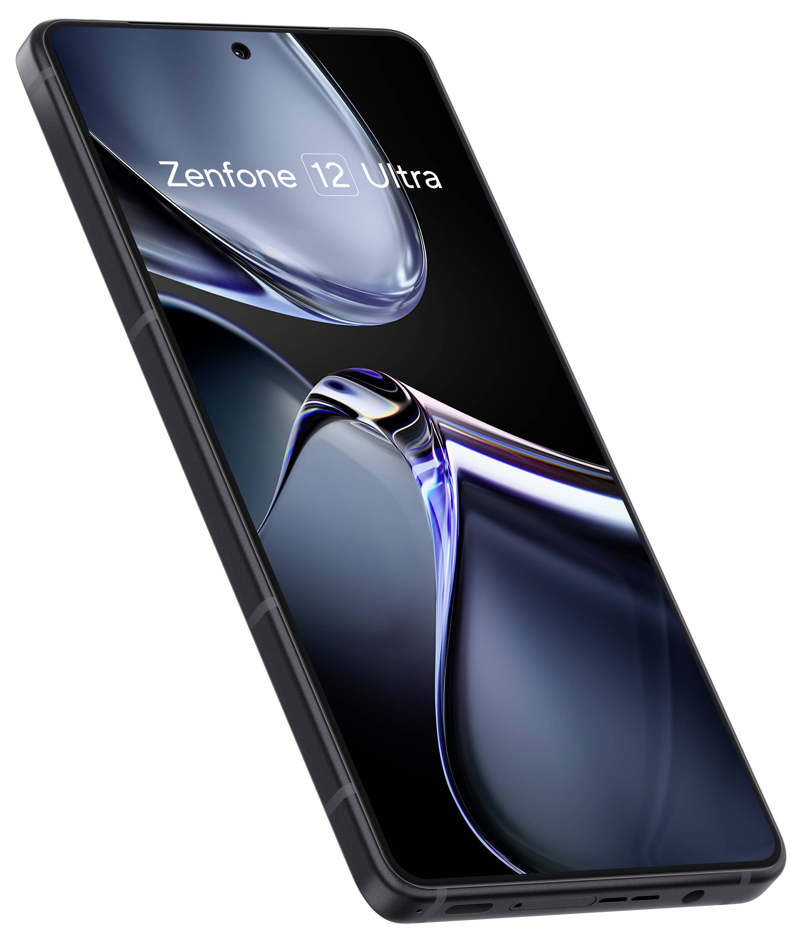 Smartphone at an angled view. 'Zenfone 12 Ultra' displayed on the screen. Dark, elegant design with rounded corners.