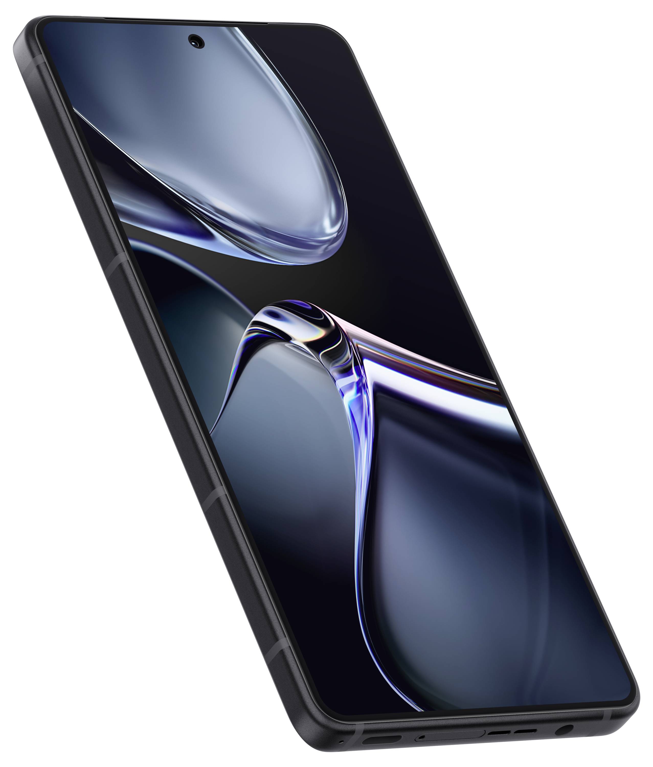 Smartphone with a sleek design and a glossy, curved screen. Black with a blue shimmer on the surface.