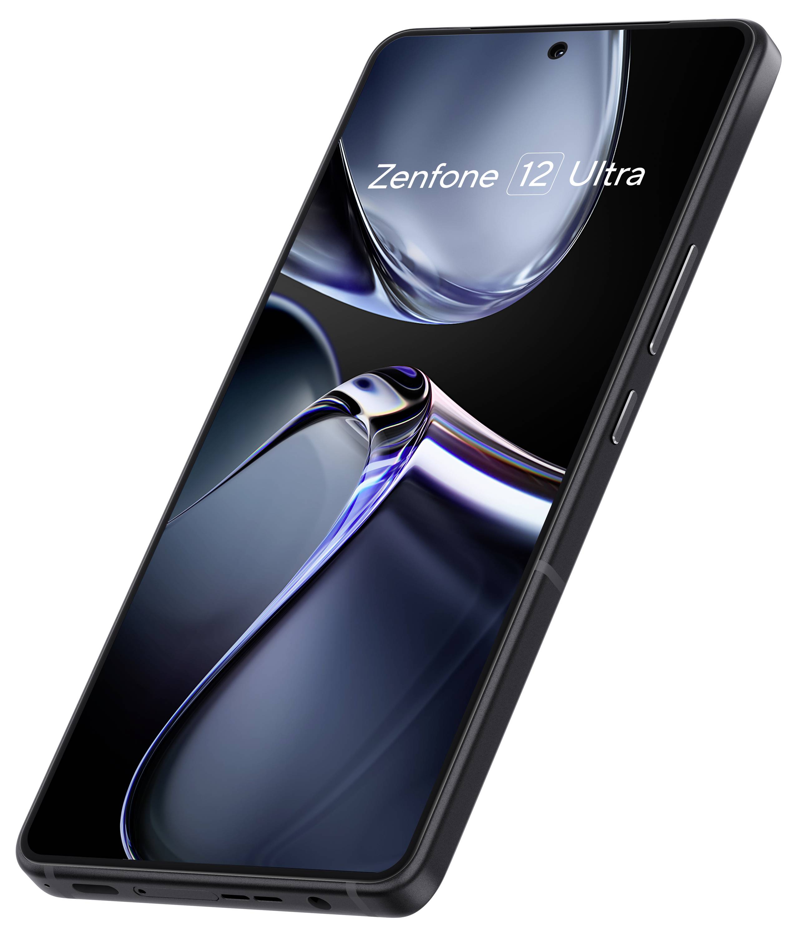 Black smartphone with a large display bearing the inscription 'Zenfone 12 Ultra'. Elegant design with side buttons visible.