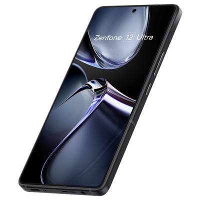 Black smartphone with a large display bearing the inscription 'Zenfone 12 Ultra'. Elegant design with side buttons visible.