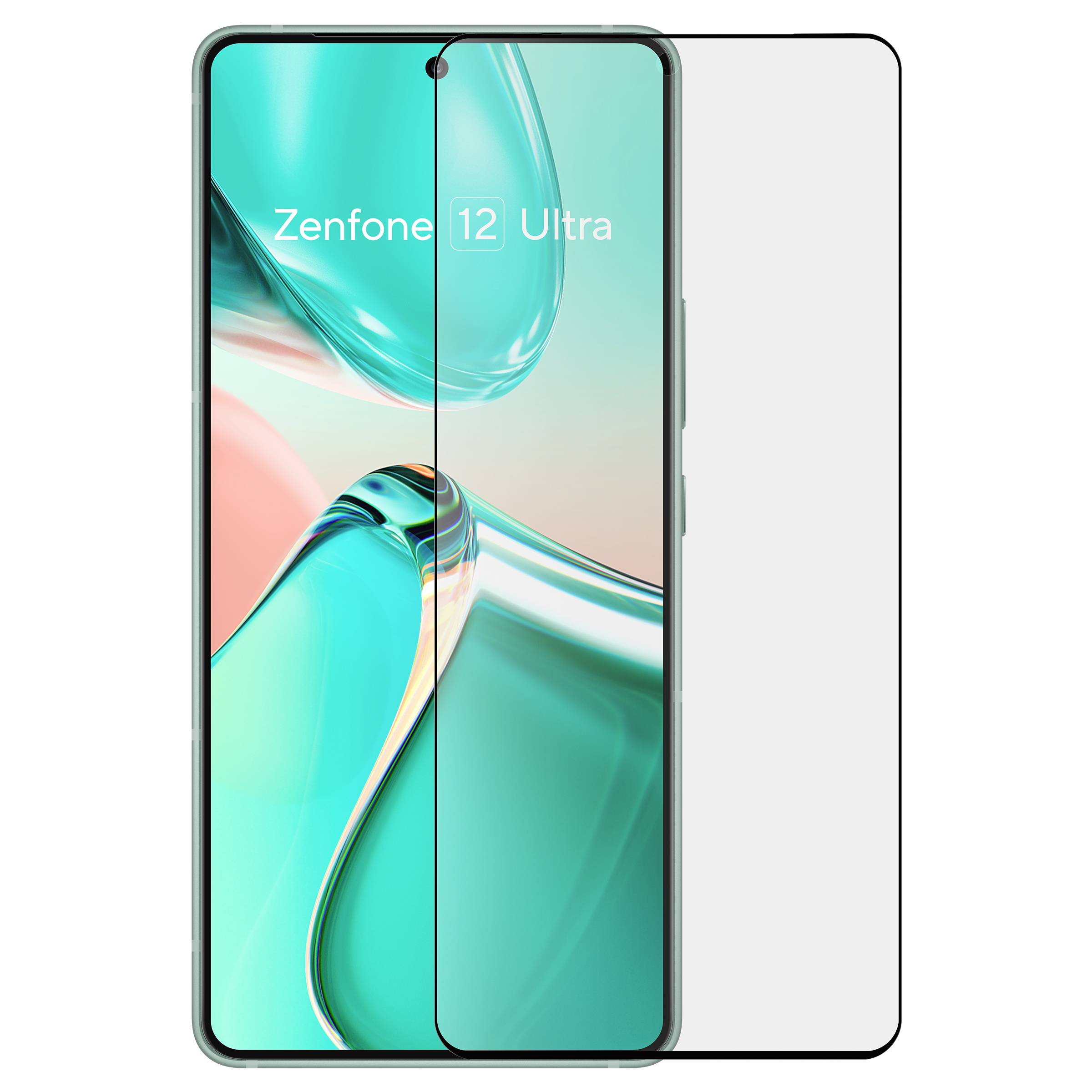 Smartphone viewed from the front with a transparent screen protector; displays a minimalist, abstract background graphic in teal and orange.