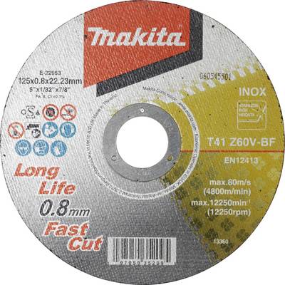 Metal grinding disc, Makita brand, 125mm diameter, with specifications for maximum RPM and cutting edge thickness.