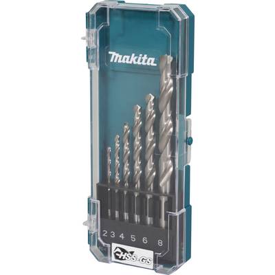 Makita HSS-G Drill Bit Set in a transparent case, comprising five drill bits in varying sizes for metalworking.