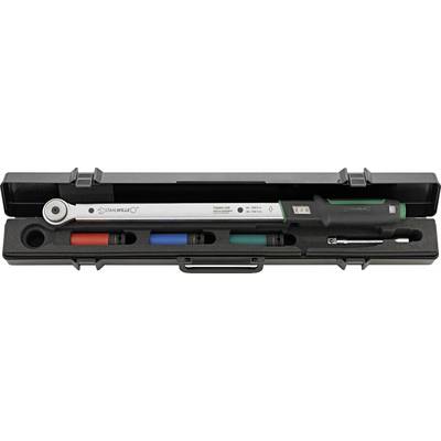 A torque wrench in an open plastic box with coloured adapters (red, blue, green).