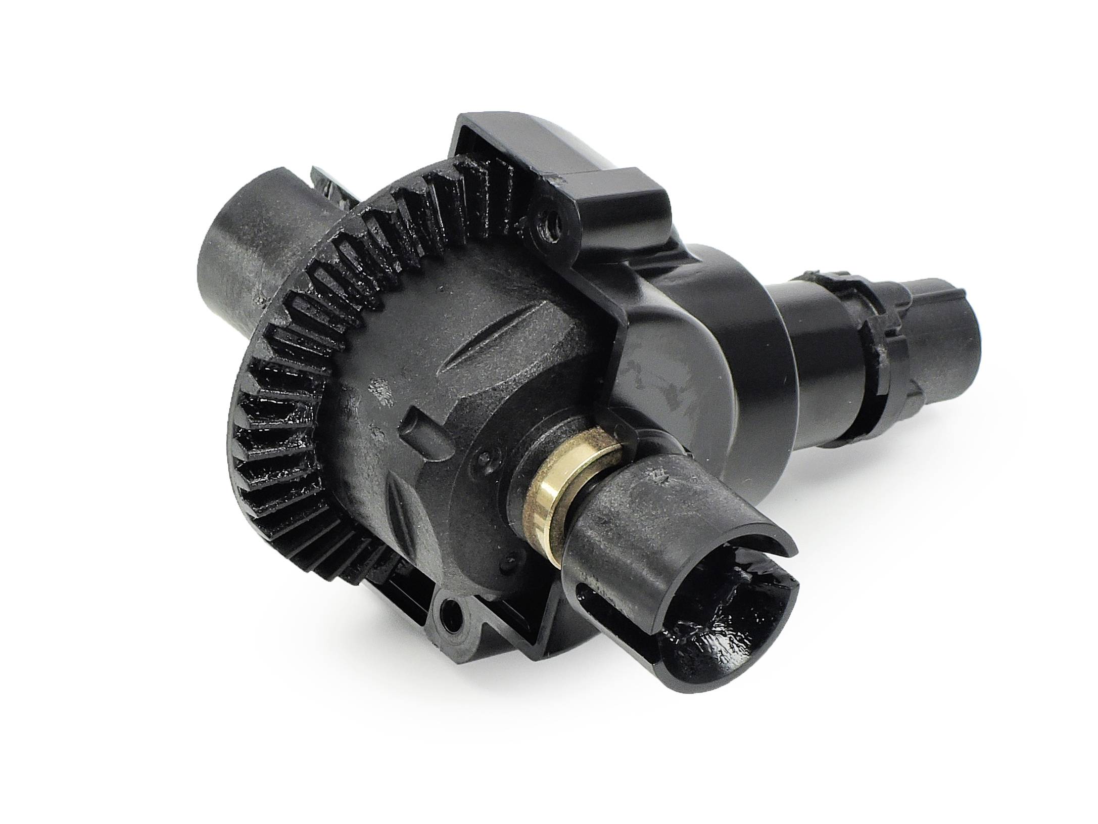 A black, cylindrical plastic gear wheel, possibly part of a more complex mechanism or machine.