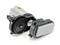 Electric geared motor with tooth mechanism, comprising a grey metal housing and black plastic covers.
