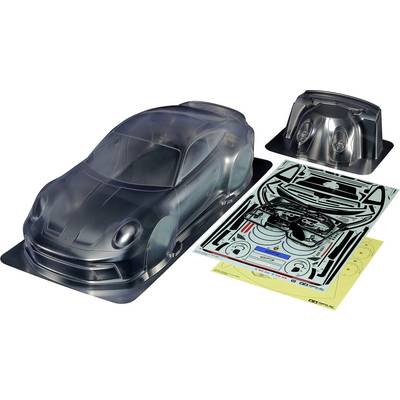 Model kit of a transparent plastic car, including decal sheets with decorations and details for customised design.