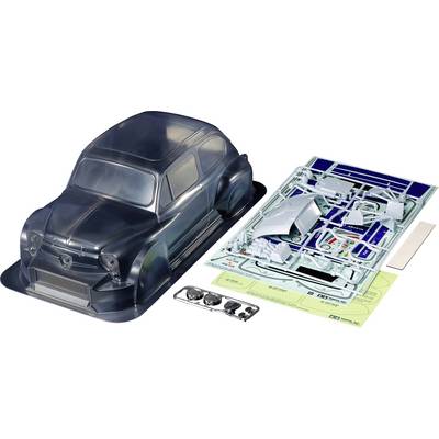 A model kit with a transparent bodywork of a classic car, surrounded by components on a frame and an assembly instruction manual.