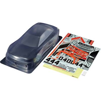 Clear plastic model car body with a sheet of stickers beside it; accessories for personalised model making.