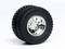 A single large, black tyre with a silver, shiny wheel rim on a white background.