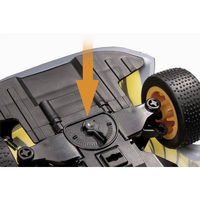 A base of a toy car with a marked adjustment screw, which is highlighted by an orange arrow.