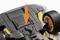 A base of a toy car with a marked adjustment screw, which is highlighted by an orange arrow.