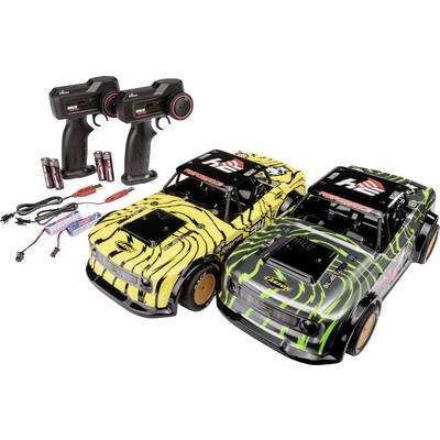 Two remote-controlled cars with striped patterns, one yellow, the other green. Alongside are two remote controls and accessories.