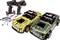 Two remote-controlled cars with striped patterns, one yellow, the other green. Alongside are two remote controls and accessories.